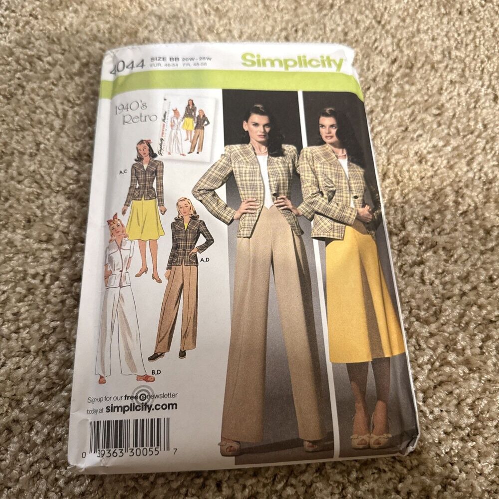 Simplicity 1940's Retro Skirt, Pants & Jacket Pattern #4044 Women's 20W - 28W UC